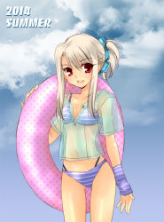 Rule 34 | 1girl, 2014, :d, albino, alternate costume, alternate hairstyle, arm warmers, bikini, bikini under clothes, blue bikini, blue sky, buttons, cloud, covered navel, cowboy shot, day, fate/stay night, fate (series), flat chest, hair up, highleg, highleg bikini, highleg swimsuit, holding, illyasviel von einzbern, long hair, looking at viewer, natsuru333, open mouth, outdoors, ponytail, red eyes, scrunchie, see-through, shirt, short ponytail, short sleeves, sky, smile, solo, standing, striped bikini, striped clothes, swimsuit, swimsuit under clothes, unbuttoned, white hair