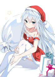 Rule 34 | bag, blue eyes, breasts, collarbone, dress, fathom, gift, hat, hibiki (kancolle), highres, kantai collection, long hair, looking at viewer, on floor, santa dress, santa hat, simple background, small breasts, star (symbol), strapless, strapless dress, thighhighs, white hair, white thighhighs