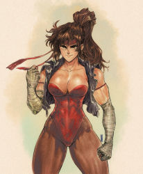 Rule 34 | 1girl, artist name, bandaged arm, bandages, bare shoulders, breakers, breasts, brown eyes, brown hair, cleavage, clenched hands, collarbone, commentary, cropped jacket, david liu, gradient background, hand up, headband, high ponytail, highleg, highleg leotard, highres, large breasts, leotard, lips, long hair, looking at viewer, muscular, muscular female, pantyhose, ponytail, red leotard, signature, simple background, sleeveless, sleeveless jacket, smile, tia langray, visco