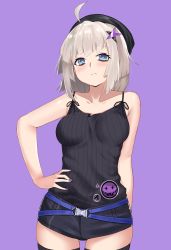 Rule 34 | 1girl, aa-12 (girls&#039; frontline), absurdres, ahoge, arm behind back, bare arms, bare shoulders, belt, black headwear, black ribbon, black shorts, black thighhighs, blue eyes, blush, breasts, bright pupils, buckle, closed mouth, collarbone, commentary request, cowboy shot, girls&#039; frontline, hair ornament, hako reeema, hand on own hip, highres, looking at viewer, medium breasts, medium hair, nail polish, purple background, purple nails, ribbon, serious, short shorts, shorts, silhouette, simple background, sleeveless, snap-fit buckle, solo, star (symbol), star hair ornament, striped, thighhighs, vertical stripes