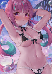 Rule 34 | 1girl, :o, absurdres, armpits, arms behind head, arms up, backlighting, bikini, black bikini, black ribbon, blue hair, blunt bangs, blush, braid, breasts, cleavage, commentary request, cowboy shot, ebihurai, frilled bikini, frills, highres, hololive, huge filesize, long hair, looking at viewer, maid, maid bikini, medium breasts, minato aqua, navel, neck ribbon, ocean, outdoors, parted lips, purple eyes, purple hair, ribbon, soap bubbles, solo, stomach, sunlight, sweat, swimsuit, twilight, twintails, two side up, unconventional maid, underboob, very long hair, virtual youtuber, wet