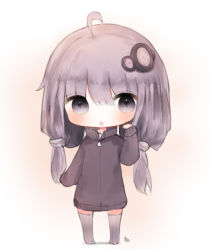 Rule 34 | 1girl, :o, ahoge, bad id, bad pixiv id, black jacket, blush, chibi, cottontailtokki, full body, hair between eyes, hair ornament, jacket, long hair, long sleeves, looking at viewer, low twintails, no shoes, parted lips, purple eyes, purple hair, signature, sleeves past wrists, solo, standing, striped clothes, striped thighhighs, thighhighs, twintails, vertical-striped clothes, vertical-striped thighhighs, vocaloid, white thighhighs, yuzuki yukari