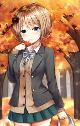 Rule 34 | 1girl, absurdres, ahoge, autumn, autumn leaves, black jacket, blazer, blue eyes, blue ribbon, bow, brown cardigan, brown hair, buttons, cardigan, collared shirt, commentary request, cowboy shot, forest, green skirt, hair bow, hand up, highres, holding, jacket, leaf, long sleeves, looking at viewer, maple leaf, miniskirt, nature, neck ribbon, omoomomo, open clothes, open jacket, original, outdoors, pleated skirt, ribbon, school uniform, shirt, short hair, signature, skirt, smile, solo, tree, undershirt, white shirt, wing collar