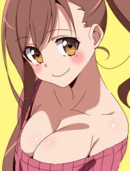 Rule 34 | 10s, 1girl, absurdres, bad id, bad pixiv id, blush, breasts, brown hair, cleavage, gakkou gurashi!, heart, heart-shaped pupils, highres, large breasts, long hair, looking at viewer, mole, mole under eye, sinakyo, smile, solo, sweater, symbol-shaped pupils, upper body, wakasa yuuri, yellow eyes