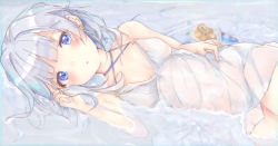 Rule 34 | 1girl, :o, bare shoulders, blue eyes, blunt bangs, blush, breasts, dress, earrings, female focus, highres, jewelry, lying, medium breasts, navel, on side, partially submerged, rain, retang 8, see-through, silver hair, solo, water, wet, wet clothes, white dress