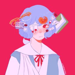Rule 34 | 1girl, artist name, ayanami rei, bad id, bad twitter id, bandaged arm, bandages, blue dress, blue hair, book, bottle, commentary, dress, embryo, english commentary, expressionless, eyepatch, floating, floating object, glasses, highres, id card, interface headset, looking at viewer, neon genesis evangelion, one eye covered, pill, red background, red eyes, school uniform, shirt, short hair, simple background, solo, tokyo-3 middle school uniform, upper body, vitamincera, white shirt