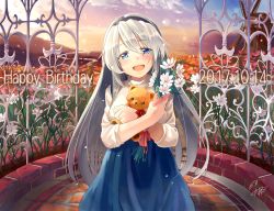 Rule 34 | 1girl, 2017, :d, black hairband, blue eyes, blue skirt, blush, brick floor, brick wall, cage, clannad, cloud, commentary, dated, fence, field, flower, flower field, hairband, happy birthday, holding, holding flower, long hair, long sleeves, looking at viewer, mountain, naka akira, open mouth, red ribbon, ribbon, sakagami tomoyo, shirt, signature, silver hair, skirt, sky, smile, solo, stuffed animal, stuffed toy, sunset, teddy bear, very long hair, white flower, white shirt, windmill