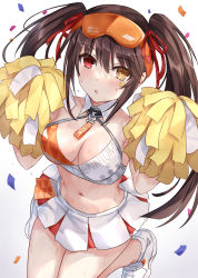 Rule 34 | 1girl, asle, bare shoulders, black hair, blue archive, blush, breasts, cleavage, clock eyes, collar, confetti, cosplay, crop top, date a live, detached collar, facial mark, goggles, goggles on head, hands up, heterochromia, highres, holding, holding pom poms, large breasts, long hair, looking at viewer, millennium cheerleader outfit (blue archive), miniskirt, navel, open mouth, pleated skirt, pom pom (cheerleading), pom poms, red eyes, shoes, sidelocks, skirt, solo, star (symbol), star facial mark, stomach, sweat, symbol-shaped pupils, tokisaki kurumi, twintails, white background, white collar, white footwear, white skirt, yellow eyes