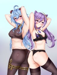 Rule 34 | 2girls, ahoge, armpits, arms behind head, arms up, ass, ass-to-ass, ass press, bare shoulders, blue hair, blush, bra, breasts, embarrassed, from behind, ganyu (genshin impact), genshin impact, hair ornament, hairpin, horns, huge ass, keqing (genshin impact), llukik, long hair, looking at viewer, medium breasts, multiple girls, nipples, pantyhose, purple eyes, purple hair, see-through, shiny clothes, shiny skin, shirt, small breasts, smile, thighhighs, thong, thong under pantyhose, twintails, underwear, very long hair, wavy mouth
