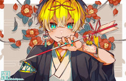 Rule 34 | 1boy, amenochi hare, bishounen, blonde hair, blue eyes, bow, earrings, ema, flower, hair bow, japanese clothes, jewelry, looking ahead, looking at viewer, male focus, nail polish, original, pale skin, sharp teeth, smirk, solo, teeth, traditional clothes