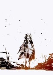 Rule 34 | 1girl, absurdres, falling leaves, bodies, bow, cape, charcoal (medium), closed mouth, commentary, dress, english commentary, epaulettes, full body, girls&#039; frontline, gun, hair bow, handgun, highres, holding, holding gun, holding weapon, leaf, falling leaves, legs, limited palette, lips, long sleeves, looking down, monochrome, pantyhose, parody, parody request, puffy sleeves, revolver, ribbon, rubble, shinkawa youji (style), simple background, sketch, smoke, solo, style parody, thigh strap, two side up, vcntkm, weapon, webley revolver, webley (girls&#039; frontline), white background, white bow, white dress, wind, wreckage