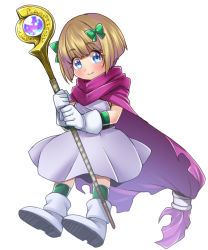 Rule 34 | 1girl, blonde hair, blue eyes, boots, bow, cape, closed mouth, commentary request, dragon quest, dragon quest v, dress, full body, gloves, green bow, grey dress, grey footwear, hair bow, hero&#039;s daughter (dq5), highres, holding, holding staff, looking at viewer, pink cape, short dress, short hair, simple background, smile, solo, staff, white background, white gloves, yunodon (sugar maple)