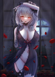 Rule 34 | 1girl, alternate costume, azur lane, babydoll, black babydoll, black bra, bra, unworn bra, breasts, cleavage, covered erect nipples, finger to mouth, full moon, grey hair, highres, large breasts, lingerie, long hair, looking at viewer, luetzow (azur lane), moon, navel, negligee, night, nipples, no panties, nontakao, petals, red eyes, see-through, solo, standing, tongue, tongue out, underwear, white hair, window