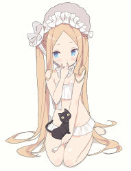 Rule 34 | 1girl, abigail williams (fate), abigail williams (swimsuit foreigner) (fate), abigail williams (swimsuit foreigner) (third ascension) (fate), barefoot, bikini, blade (galaxist), blue eyes, blush, bonnet, cat, commentary request, cream, fate/grand order, fate (series), finger to mouth, fork, full body, hand up, long hair, looking at viewer, simple background, sitting, solo, swimsuit, wariza, white background, white bikini