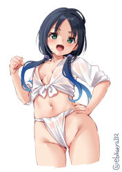 Rule 34 | 1girl, blue hair, blush, breasts, clenched hand, collarbone, cropped legs, ebifurya, fundoshi, green eyes, groin, hand on own hip, highres, japanese clothes, kantai collection, long hair, low twintails, navel, open mouth, see-through, simple background, small breasts, smile, solo, suzukaze (kancolle), twintails, twitter username, wet, wet clothes, white background