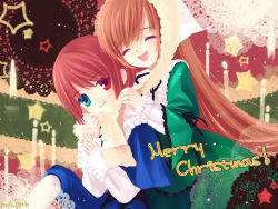Rule 34 | 00s, 2girls, bad id, bad pixiv id, brown hair, christmas, closed eyes, green eyes, heterochromia, lilith (lilithchan), multiple girls, open mouth, pantyhose, red eyes, rozen maiden, short hair, siblings, sisters, smile, souseiseki, suiseiseki, twins