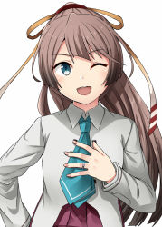 Rule 34 | 1girl, ;d, blazer, blue eyes, blue necktie, brown hair, commentary request, dress, hair ribbon, highres, jacket, jewelry, kamelie, kantai collection, kazagumo (kancolle), kazagumo kai ni (kancolle), long hair, looking at viewer, necktie, one eye closed, open mouth, ponytail, ribbon, ring, school uniform, simple background, sleeveless, sleeveless dress, smile, solo, upper body, wedding band, white background
