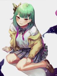 Rule 34 | 1girl, bare legs, black ribbon, blue bow, blue bowtie, blue skirt, blunt bangs, blush, bow, bowtie, braid, brown footwear, butterfly hair ornament, collared shirt, dress shirt, eredhen, full body, gradient hair, green hair, hair ornament, hair ribbon, highres, hololive, jacket, loafers, long sleeves, looking at viewer, multicolored hair, off shoulder, open clothes, open jacket, parted lips, plaid, plaid bow, plaid bowtie, plaid skirt, purple hair, red eyes, ribbon, shirt, shoes, sitting, skirt, solo, uruha rushia, uruha rushia (school uniform), virtual youtuber, white shirt, yellow jacket
