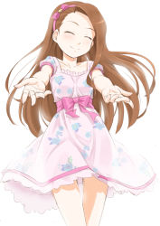 Rule 34 | 1girl, ^ ^, brown hair, closed eyes, cowboy shot, dress, closed eyes, floral print, flower, hairband, idolmaster, idolmaster (classic), long hair, minase iori, miri (ago550421), outstretched arms, ribbon, smile, solo, sundress