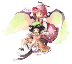 Rule 34 | 2girls, animal ears, bad id, bad pixiv id, black hair, bloomers, bow, cat ears, cat girl, cat tail, chen, dress, earrings, fangs, female focus, hat, jewelry, long sleeves, multiple girls, multiple tails, mystia lorelei, open mouth, pink hair, shoes, short hair, shoutarou (tibi2), smile, socks, tail, text focus, touhou, underwear, white background, wings