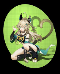 Rule 34 | 1girl, :3, :d, absurdres, animal ears, arm between legs, black choker, black socks, black tank top, bridal gauntlets, cat ears, cat feet, cat girl, cat tail, choker, commentary request, convenient leg, detached sleeves, full body, genshin impact, green eyes, green sleeves, hair ornament, hairclip, hand up, heart, heart tail, highres, jewelry, kirara (genshin impact), le (huanglongen), light brown hair, long hair, looking at viewer, loose socks, multiple tails, open mouth, ponytail, ring, smile, socks, solo, squatting, tail, tank top, two tails
