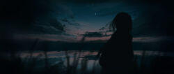 Rule 34 | 1girl, absurdres, blurry, blurry foreground, cloud, cloudy sky, dark, dark background, dusk, gracile, gradient sky, highres, horizon, landscape, medium hair, moon, original, outdoors, pond, reeds, reflection, scenery, silhouette, sky, solo, standing, upper body, water