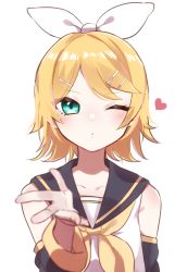 Rule 34 | 1girl, aqua eyes, bad id, bad pixiv id, black collar, blonde hair, blush, collar, commentary, detached sleeves, hair ornament, hair ribbon, hairclip, heart, kagamine rin, long sleeves, looking at viewer, neckerchief, one eye closed, parted lips, reaching, reaching towards viewer, ribbon, sailor collar, shirt, short hair, simple background, solo, soramame pikuto, upper body, vocaloid, white background, white ribbon, white shirt, yellow neckerchief