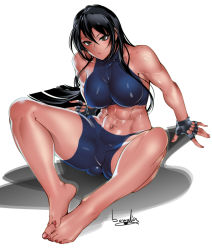 Rule 34 | 1girl, abs, ass, barefoot, black hair, bowalia, breasts, brown eyes, feet, feet together, fingerless gloves, gloves, long hair, midriff, muscular, muscular female, navel, original, sitting, sleeveless, solo, toes, white background