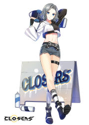 Rule 34 | 1girl, arm up, belt, black footwear, black gloves, blue eyes, boots, breasts, closers, copyright name, crop top, crop top overhang, cutoffs, drawstring, fingerless gloves, gloves, grey hair, grey shorts, hairband, hand up, highres, holding, long sleeves, looking at viewer, medium breasts, midriff, navel, official art, shirt, short hair, short shorts, shorts, sign, simple background, skateboard, smile, socks, solo, spray can, stomach, thigh strap, thighs, two-tone shirt, undershirt, v-shaped eyebrows, violet (closers), white background