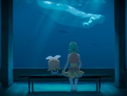 Rule 34 | 1girl, aquarium, blonde hair, boots, bow, caustics, character doll, commentary, english commentary, frilled skirt, frills, from behind, goggles, goggles on head, green hair, gumi, hair bow, kagamine rin, knee boots, manatee, orange shirt, sailor collar, sea cow, shirt, short hair, sitting, skirt, solo, vocaloid, white bow, white footwear, white shirt, window, wounds404, yellow skirt