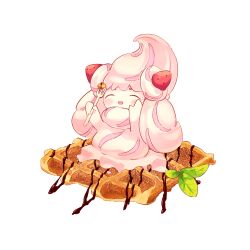 Rule 34 | :d, absurdres, alcremie, alcremie (strawberry sweet), blush, chocolate, closed eyes, commentary request, creatures (company), food, fork, fruit, game freak, gen 8 pokemon, highres, holding, holding fork, leaf, nintendo, no humans, open mouth, pokemon, pokemon (creature), smile, solo, strawberry, tama sakura, waffle, white background