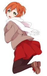 Rule 34 | 1girl, :d, black pantyhose, bow, brown coat, brown footwear, coat, dot nose, footwear bow, full body, green eyes, hair ornament, hairclip, hoshizora rin, looking at viewer, looking back, love live!, love live! school idol festival, one side up, open mouth, orange hair, pantyhose, red skirt, scarf, sekina, shoe soles, shoes, short hair, simple background, skirt, smile, solo, white background, white scarf, winter clothes, winter coat