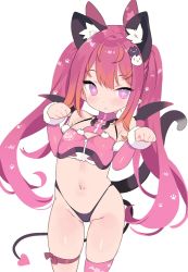 Rule 34 | 1girl, aimani (vtuber), animal ear fluff, animal ears, bare shoulders, black panties, blade (galaxist), blush, bow, breasts, cat ears, cat tail, crop top, cropped legs, demon tail, demon wings, detached sleeves, fang, flat chest, hair ornament, hands up, highleg, long hair, long sleeves, looking at viewer, mel mellow, navel, open mouth, panties, paw pose, pink thighhighs, purple eyes, red bow, red hair, simple background, single thighhigh, skindentation, small breasts, solo, standing, tail, thigh strap, thighhighs, twintails, underwear, very long hair, virtual youtuber, white background, wings
