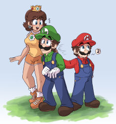 Rule 34 | 1girl, 2boys, blue eyes, blush, breasts, brothers, brown hair, crown, earrings, facial hair, flower earrings, full body, gloves, grin, hat, highres, jewelry, looking at another, luigi, mario, mario (series), mario golf, mario tennis, md5 mismatch, medium breasts, multiple boys, musical note, mustache, nervous, nintendo, overalls, princess daisy, resolution mismatch, shorts, siblings, smile, source smaller, tomboy, whistle
