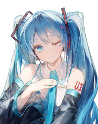 Rule 34 | 1girl, adjusting clothes, adjusting necktie, aqua eyes, aqua hair, aqua nails, aqua necktie, bare shoulders, collared shirt, detached sleeves, double-parted bangs, english text, grey shirt, grin, hatsune miku, head tilt, headset, highres, lace, lace-trimmed shirt, lace trim, long hair, looking at viewer, microphone, mihoranran, necktie, one eye closed, shirt, simple background, sleeveless, sleeveless shirt, smile, solo, twintails, upper body, very long hair, vocaloid, white background