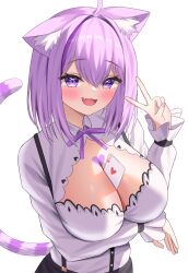 1girl :3 :d absurdres ahoge animal_ear_fluff animal_ears arm_under_breasts between_breasts black_skirt blush breasts card card_between_breasts cat_ears cat_girl cat_tail cleavage cleavage_cutout clothing_cutout fang heart_on_chest highres hololive kumoru_(kumoru_145) large_breasts looking_at_viewer multicolored_hair nekomata_okayu nekomata_okayu_(wonderland) official_alternate_costume open_mouth playing_card purple_eyes purple_hair shirt skirt smile streaked_hair suspender_skirt suspenders tail v virtual_youtuber white_shirt