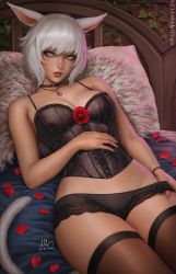 Rule 34 | 1girl, animal ears, bed, black panties, black thighhighs, blind, breasts, cat ears, cat tail, corset, dark-skinned female, dark skin, facial mark, final fantasy, final fantasy xiv, highres, jewelry, lace, lace-trimmed panties, lace trim, looking at viewer, lying, miqo&#039;te, neck tattoo, necklace, on back, panties, panty pull, parted lips, petals, rose petals, sciamano240, short hair, solo, tail, tattoo, thighhighs, underwear, whisker markings, y&#039;shtola rhul