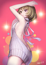 Rule 34 | 10s, 1girl, arms up, artist name, ass, backless dress, backless outfit, bare back, breasts, brown hair, butt crack, closed mouth, cowboy shot, dress, from below, from side, green eyes, hair between eyes, halterneck, heterochromia, idolmaster, idolmaster cinderella girls, looking at viewer, looking down, meme attire, meto31, mole, mole under eye, naked sweater, purple eyes, ribbed sweater, short hair, sideboob, signature, small breasts, smile, solo, sparkle, sweater, sweater dress, takagaki kaede, turtleneck, turtleneck sweater, virgin killer sweater
