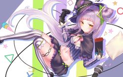 Rule 34 | 1girl, absurdres, blunt bangs, commentary request, cone hair bun, controller, crop top, end card, gore (white gore), groin, hair bun, hair ornament, handheld game console, hat, highres, holding, holding controller, hololive, joystick, light purple hair, looking at viewer, murasaki shion, murasaki shion (1st costume), navel, nintendo switch, official art, pillow, pinstripe pattern, pinstripe shirt, playstation controller, playstation portable, shirt, single hair bun, single side bun, smug, solo, striped background, striped clothes, striped shirt, striped thighhighs, thighhighs, thighs, vertical-striped clothes, vertical-striped shirt, virtual youtuber, witch hat, yellow eyes