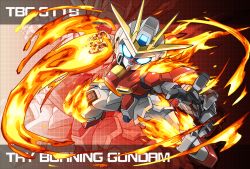 Rule 34 | 10s, blue eyes, character name, clenched hand, fire, glowing, glowing eyes, gundam, gundam build fighters, gundam build fighters try, mecha, memento vivi, no humans, robot, try burning gundam, zoom layer