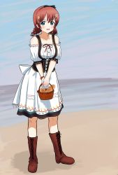 Rule 34 | 1girl, apron, aqua eyes, artist name, artist request, back bow, bare legs, bare shoulders, basket, beach, black bow, black corset, black hairband, blue eyes, blue sky, blush, boots, bow, bow hairband, bowtie, braid, bread, bread bun, bread slice, breasts, brown footwear, brown hair, buttons, center frills, cleavage, cloud, collarbone, corset, cross-laced footwear, curly hair, day, detached sleeves, dress, drill hair, emma verde, evergreen (love live!), female focus, flower, flower hair ornament, flower print, food, freckles, frilled dress, frills, full body, german clothes, green hairband, green skirt, hair between eyes, hair flower, hair ornament, hairband, hairclip, highres, holding, holding basket, jewelry, long hair, looking at viewer, love live!, love live! nijigasaki high school idol club, love live! school idol festival, miniskirt, outdoors, parted lips, plaid, plaid dress, plaid skirt, pleated, pleated dress, pleated skirt, puffy short sleeves, puffy sleeves, red bow, red hair, red ribbon, ribbon, ribbon trim, short sleeves, skirt, sky, small breasts, smile, solo, standing, swiss clothes, twin braids, twin drills, twintails, white apron, white bow, white dress, white skirt