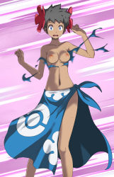 Rule 34 | 1girl, black hair, blue eyes, blue sarong, breasts, constricted pupils, creatures (company), feet out of frame, floral print, flower, game freak, hair flower, hair ornament, hands up, highres, looking at viewer, medium breasts, navel, nintendo, nipples, phoebe (pokemon), poke ball print, pokemon, pokemon rse, sarong, short hair, solo, speed lines, standing, stomach, sweat, tan, topless, torn clothes, torn legwear, tsukishiro saika, wide-eyed