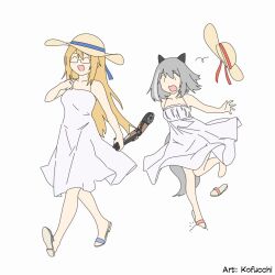 Rule 34 | 2girls, animal ears, blonde hair, detached arm, dress, glasses, grey hair, holding hands, jaana kettu, kofucchi, long hair, mechanical arms, multiple girls, open mouth, original, sandals, second-party source, short hair, single mechanical arm, sketch, smile, sundress, tail, tripping, wakaba-tan, walking, wide brim, wolf ears, wolf tail