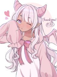 Rule 34 | 1girl, blush, bow, bowtie, clara (vtuber), commission, dark-skinned female, dark skin, dragon girl, dragon horns, dragon wings, dress, heart, horns, indie virtual youtuber, long hair, long sleeves, multicolored background, open mouth, pink background, pink hair, purple eyes, skeb commission, solo, tomakodaaayo, very long hair, virtual youtuber, wavy hair, white background, wings