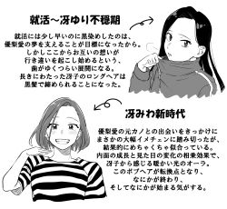 Rule 34 | absurdres, grin, highres, long hair, sawatari saeko, short hair, smile, text focus, translation request, tsukiatte agetemo ii kana, upper body