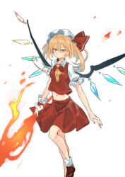 Rule 34 | absurdres, ascot, blonde hair, fire, flaming sword, flaming weapon, flandre scarlet, full body, highres, kakaricho dairi, mary janes, midriff, navel, red eyes, red skirt, shoes, side ponytail, simple background, skirt, touhou, white background, white mob cap, wrist cuffs, yellow ascot