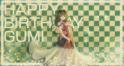 Rule 34 | 1girl, absurdres, black gloves, bracelet, breasts, brooch, character name, checkered background, clothing cutout, commentary, dated, deog3, dress, feet out of frame, floral print, frilled dress, frills, gloves, goggles, goggles on head, green eyes, green hair, gumi, happy birthday, highres, jewelry, lens flare, light smile, looking at viewer, medium breasts, medium hair, orange dress, see-through, see-through skirt, skirt, solo, sparkle, standing, stomach cutout, vocaloid, white skirt, wide shot