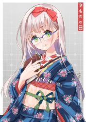 Rule 34 | 1girl, blue-framed eyewear, blue kimono, blush, book, bow, commentary request, floral print, glasses, green eyes, hair bow, hand up, highres, holding, holding book, japanese clothes, kimono, long hair, long sleeves, looking at viewer, nekozuki yuki, obi, original, over-rim eyewear, parted lips, print kimono, red bow, sash, semi-rimless eyewear, silver hair, smile, solo, translation request, upper body, very long hair, wide sleeves