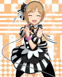 Rule 34 | 10s, 1girl, aiba yumi, black dress, card (medium), character name, closed eyes, dress, facing viewer, hair ornament, headband, holding, holding microphone, idolmaster, idolmaster cinderella girls, microphone, official art, open mouth, orange background, skirt, solo, standing, striped clothes, striped skirt, wristband