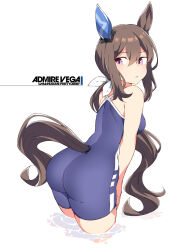 Rule 34 | 1girl, admire vega (umamusume), animal ears, bare arms, bare shoulders, blue one-piece swimsuit, brown hair, character name, cowboy shot, ear covers, hair between eyes, horse ears, horse girl, horse tail, long hair, looking back, one-piece swimsuit, open mouth, purple eyes, school swimsuit, shigino sohuzi, simple background, single ear cover, solo, swimsuit, tail, umamusume, white background